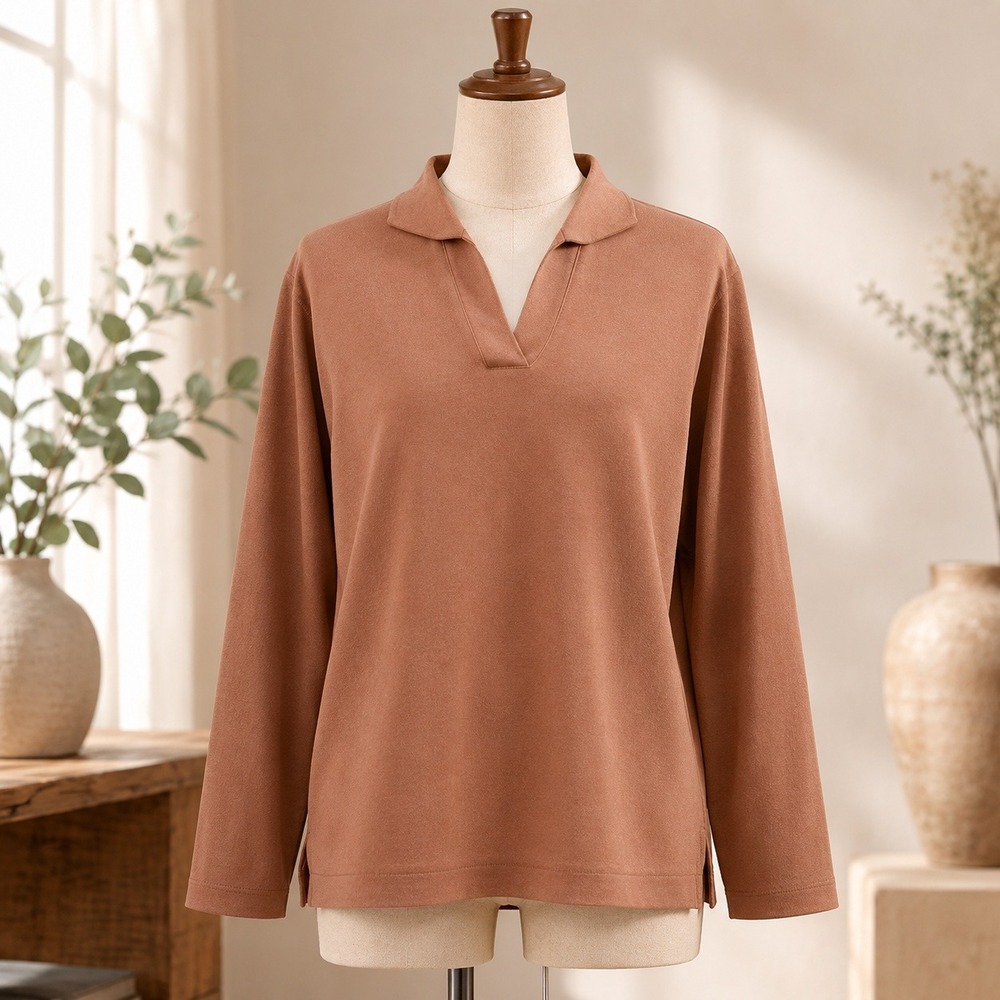 Susan Graver Weekend‎ Brown Split V-Neck Hoodie Pullover Sweater Womens Medium